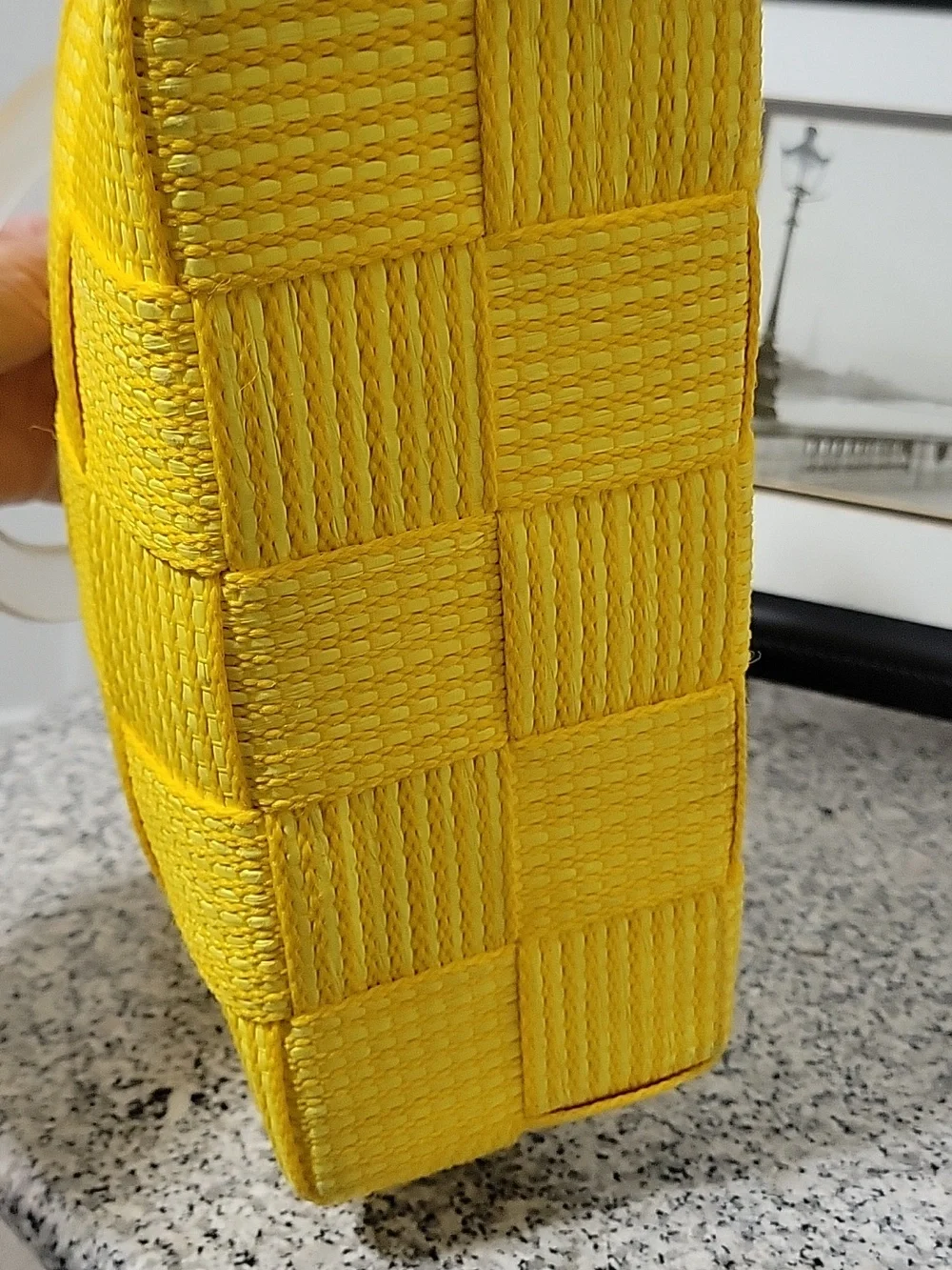 Yellow Woven Bag Lucite Handles Zippered Top Vintage Italian Alma Creazioni - Picture 7 of 16